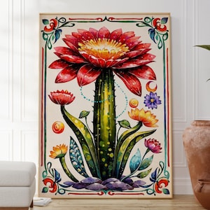Poster moderno con cactus, stampa messicana, opera d'arte con cactus colorati e vivaci, decorazione da parete botanica, arte verde naturale ispirata alla natura floreale