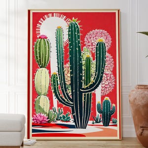 Stampa artistica di cactus del deserto rosso, poster floreale botanico moderno, decorazione murale messicana, opera d'arte ispirata alla natura, regalo per lei e per lui, illustrazione