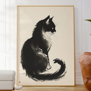 Impresión de tinta de gato negro, adorable arte mural de animales, diseño de inspiración asiática, colores neutros, regalo para amantes de los gatos, póster minimalista