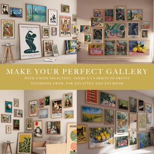 May include: A gallery wall featuring framed art prints in various sizes and styles. The artwork includes landscapes, abstract designs, and vintage posters. The text "MAKE YOUR PERFECT GALLERY" is displayed.