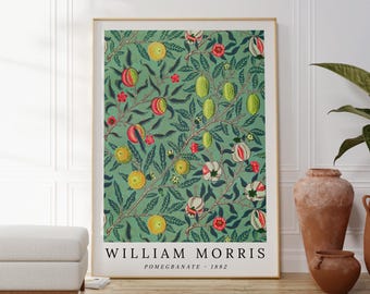 May include: A vintage poster featuring a repeating pattern of green leaves, red and white flowers, and yellow and green pomegranates. The poster is titled "William Morris - Pomegranate - 1882".