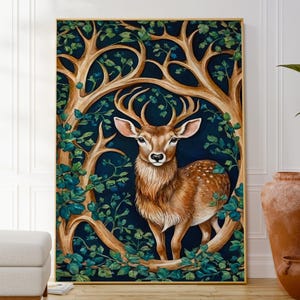 Poster di cervi, stampa artistica ispirata alla natura, opera d'arte sulla fauna selvatica, cervi in una foresta, decorazione da parete per la galleria domestica, idea regalo botanica originale