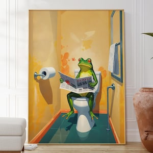 Stampa di una rana sul water che legge il giornale, poster divertente per il bagno, decorazione da parete per il water, idea regalo originale, decorazione da parete per la cameretta dei bambini, animale