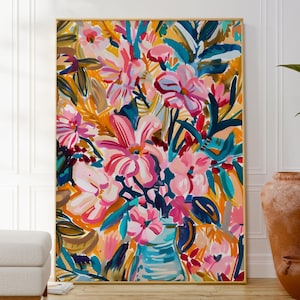 Póster de flores coloridas en un jarrón, arte botánico colorido, decoración única para el hogar, ilustración divertida, regalo para un amigo.