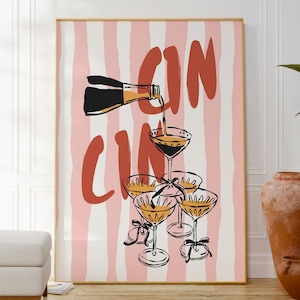 Póster de cóctel Cin Cin, arte mural con bebidas divertidas, ilustración dibujada a mano para decoración de bar o cocina, regalo vibrante para un amigo.