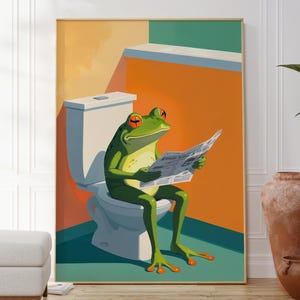 Stampa minimalista "Rana sul water", poster da parete con animali divertenti, rana che legge il giornale, decorazione per la cameretta dei bambini, decorazione artistica originale da galleria, regalo