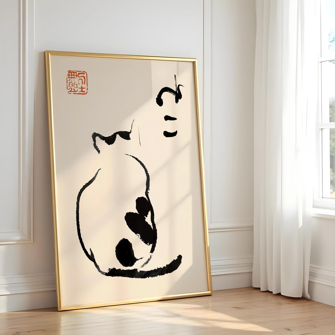 Matsumoto Hoji Cat Print: Minimalist Japanese Ink Art - Etsy