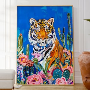 Bunter Dschungel-Tiger und Kaktus Poster, botanische Wanddekoration, Kinderzimmer-Kunst, moderne Tierdruck, Geschenk für Freund