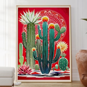 Stampa di cactus del deserto, poster di arte botanica messicana, illustrazione moderna ispirata alla natura, opera d'arte elettrica floreale, regalo per lei e per lui