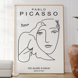 Stampa di Pablo Picasso Donna e colomba, poster da parete minimalista, disegno a una linea, decorazione da parete per la casa contemporanea, arte astratta, opera d'arte moderna