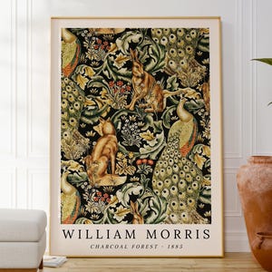 Stampa a carboncino della foresta di William Morris, poster da parete con arazzo di animali, motivo originale, opera d'arte ispirata alla natura, idea regalo per lei
