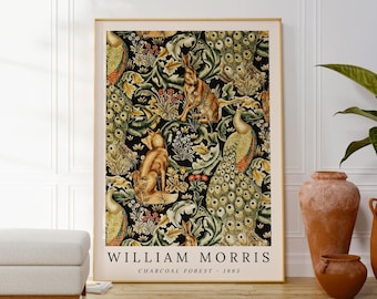 Impression de forêt au fusain William Morris, affiche d'art mural tapisserie animalière, motif original, oeuvre d'art inspirée de la nature, idée cadeau pour elle