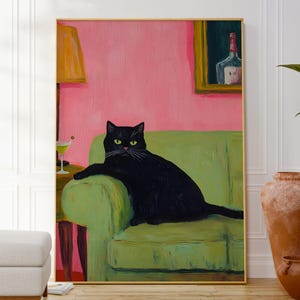 Modernes schwarzes Katzen-Cocktailbild, Wandkunst in kräftigem Pink, Tierinspirierter Hausbar-Druck, einzigartiges feminines Dekor, Geschenk für sie