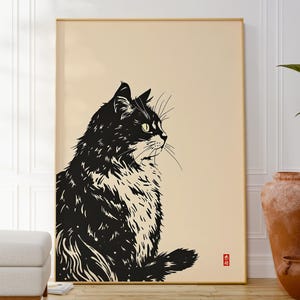 Póster minimalista de gato negro, arte mural con tinta de inspiración japonesa, estampado animal relajante, decoración de dormitorio, arte mural de cocina