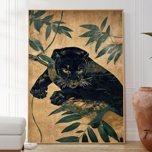 Stampa antica di illustrazione di puma nero, poster di pantera su un albero, decorazione moderna per pareti domestiche, decorazione ispirata alla natura tropicale, arte di animali selvatici