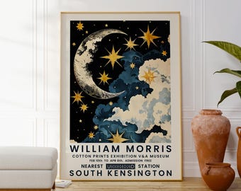 William Morris Moon and Stars Print: Celestial Blue & Gold Wall Art