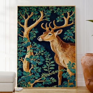Stampa di cervo nella foresta, poster di arte botanica della fauna selvatica, decorazione murale ispirata alla natura, opera d'arte naturale per inaugurazione della casa, idea regalo per lei e lui