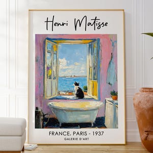 Impression chat Henri Matisse près de la fenêtre, art mural botanique, décoration animalière de salle de bain, jolie affiche moderne, cadeau pour amoureux des chats