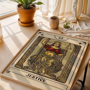 K&ouml;nnte beinhalten: Ein gerahmter Druck der Tarotkarte Gerechtigkeit mit einer zentralen Figur mit Krone und rotem Gewand, die zwischen zwei S&auml;ulen sitzt und ein Schwert sowie eine Waage h&auml;lt. Die Illustration verwendet eine Farbpalette in Gold, Schwarz und Rot.