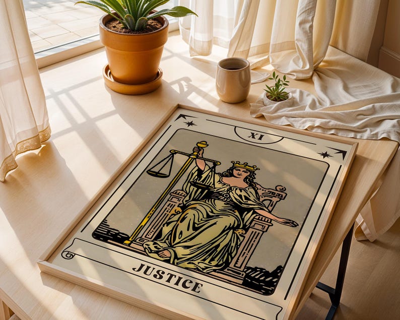 May include: A framed tarot card print of the Justice card, featuring a seated woman holding scales and a sword. The card has a beige background with black and yellow illustrations. The word "JUSTICE" is printed at the bottom.