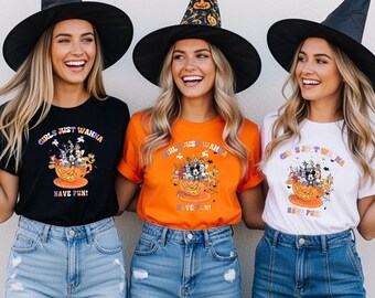 Custom Girls Just Wanna Have Fun Halloween Shirt, Minnie Daisy Halloween Shirt, Trick Or Treat Tee, Disneyland Halloween Matching Trip Shirt