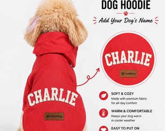 May include: A red dog hoodie with the name "CHARLIE" in white block letters. The hoodie is soft and cozy, warm and comfortable, and easy to put on. The hoodie is custom made and designed for dogs.