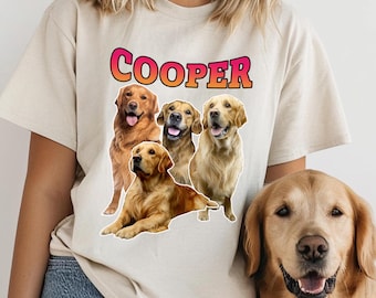 May include: A beige short-sleeved t-shirt featuring a graphic print of four golden retriever dogs and the text COOPER in a pink and orange gradient font. The dogs are depicted in various poses, including sitting, standing, and lying down.
