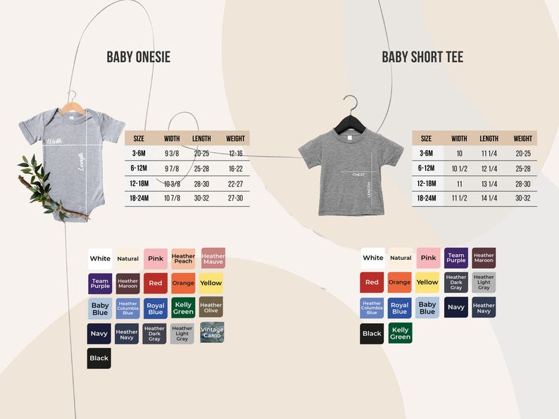 May include: A light gray baby onesie and short tee displayed on hangers. The image includes a size chart with measurements in inches for width, length, and weight. Color options are listed below the shirts.