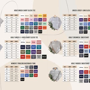 May include: A product catalog featuring various apparel styles, including short and long sleeve tees, sweatshirts, and tank tops. Color swatches and size charts are displayed for each item, with measurements in inches.