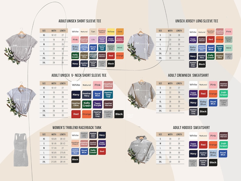 May include: A product catalog featuring various apparel styles, including short and long sleeve tees, sweatshirts, and tank tops. Color swatches and size charts are displayed for each item, with measurements in inches.