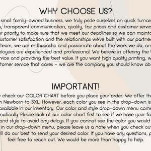 May include: Text on a beige background reads "WHY CHOOSE US?" and "IMPORTANT!". The text describes a small business's values, including quality, customer service, and a color chart for ordering sizes from Newborn to 5XL.