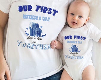 Personalised Matching Our First Mothers Day Shirt, Couple New Mom, 1st Mother Day Tee and Baby Bodysuit, Custom Mothers Day Gift, Mom Baby