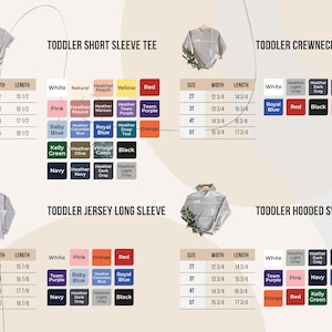 May include: Image displays a variety of toddler apparel, including short sleeve tees, crewneck sweatshirts, jersey long sleeves, and hooded sweatshirts. Color swatches and size charts are included, with measurements in inches.