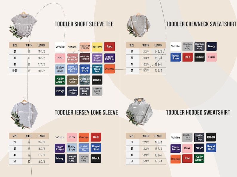 May include: Image displays a variety of toddler apparel, including short sleeve tees, crewneck sweatshirts, jersey long sleeves, and hooded sweatshirts. Color swatches and size charts are included, with measurements in inches.