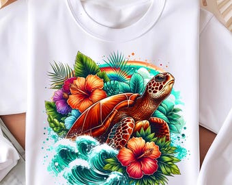 Tortuga marina Png, Clipart de animales del océano, Verano Png, Flores tropicales Png, Diseño de sublimación, Olas del océano Png, Descarga digital instantánea DTF