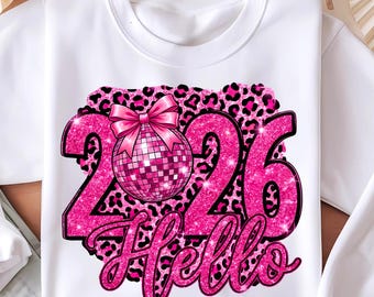 Feliz Año Nuevo 2026 (PNG), Diseño de camiseta de Nochevieja de moda, Lentejuelas negras y rosas con purpurina (PNG), Estampado de leopardo de Año Nuevo, Hola 2026 (PNG)