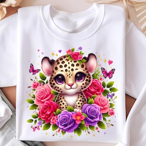 Baby Leopard Png, Cute Leopard Png, Sublimation Design, Pink Roses Digital Design, Kids Png, T-Shirt Design Png, Instant Digital Download