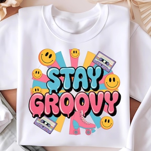 Stay Groovy Png, Retro 70s Vibes Shirt Design, Colorful Smiley Faces, Roller Skates Png, Cassette Design, Sublimation PNG, Digital Download