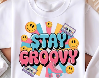 Stay Groovy Png, diseño de camiseta con vibraciones retro de los años 70, caras sonrientes coloridas, patines en línea Png, diseño de casete, PNG de sublimación, descarga digital