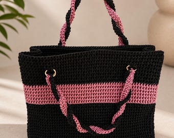 Handmade Crochet Tote Bag | Black Pink Stripe Y2K Shoulder Purse