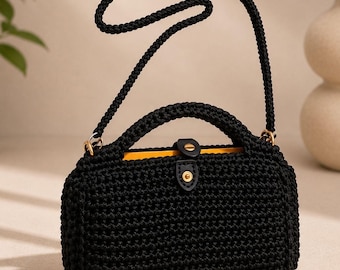 Handmade Black Crochet Bag | Elegant Shoulder Purse | Minimalist Luxury Handbag