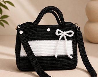 Handmade Crochet Bow Bag | Black White Coquette Style Crossbody Knit Handbag