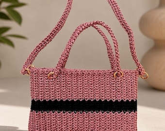Pink Crochet Shoulder Bag with Black Stripe | Handmade Minimalist Handbag, Gold Hardware