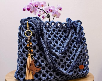 Handmade Crochet Tote Bag: Spacious, Practical, Blue Openwork Design