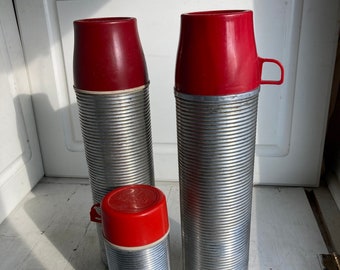 Vintage Thermos King Seeley Set of 3 Aluminum Red