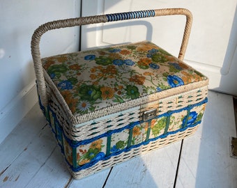 1960s Sewing Basket Blue Orange Green Vintage Flower Wicker