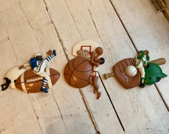 Vintage Sports Plastic Wall Hanging Football Baseball Basketball Burwood 1991