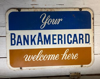 Vintage Bank Americard Enamel Sign Blue Tan White 1960s