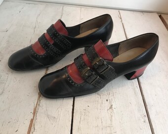 Vintage Joyce Buckle Mary Jane Block Heel Black Red Narrow