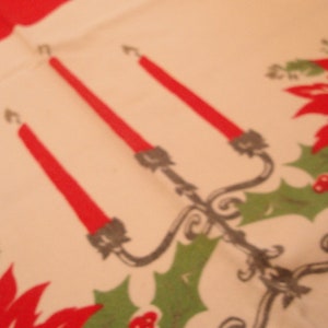 Vintage Christmas Table Cloth 51 X 59 Red Poinsettia Candles